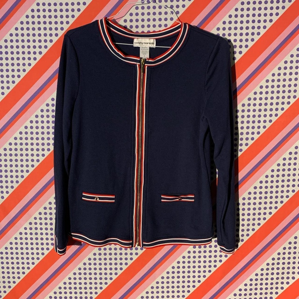 Cathy Daniels Navy Blue Red Striped Zip Up Cardigan Sweater Womens Small Vintage
